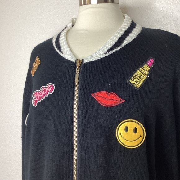 ASHLEY STEWART PLUS SIZE 22 24 TOP BLACK PATCH EMBROIDERED SWEATER CARDIGAN‎ - Picture 5 of 12